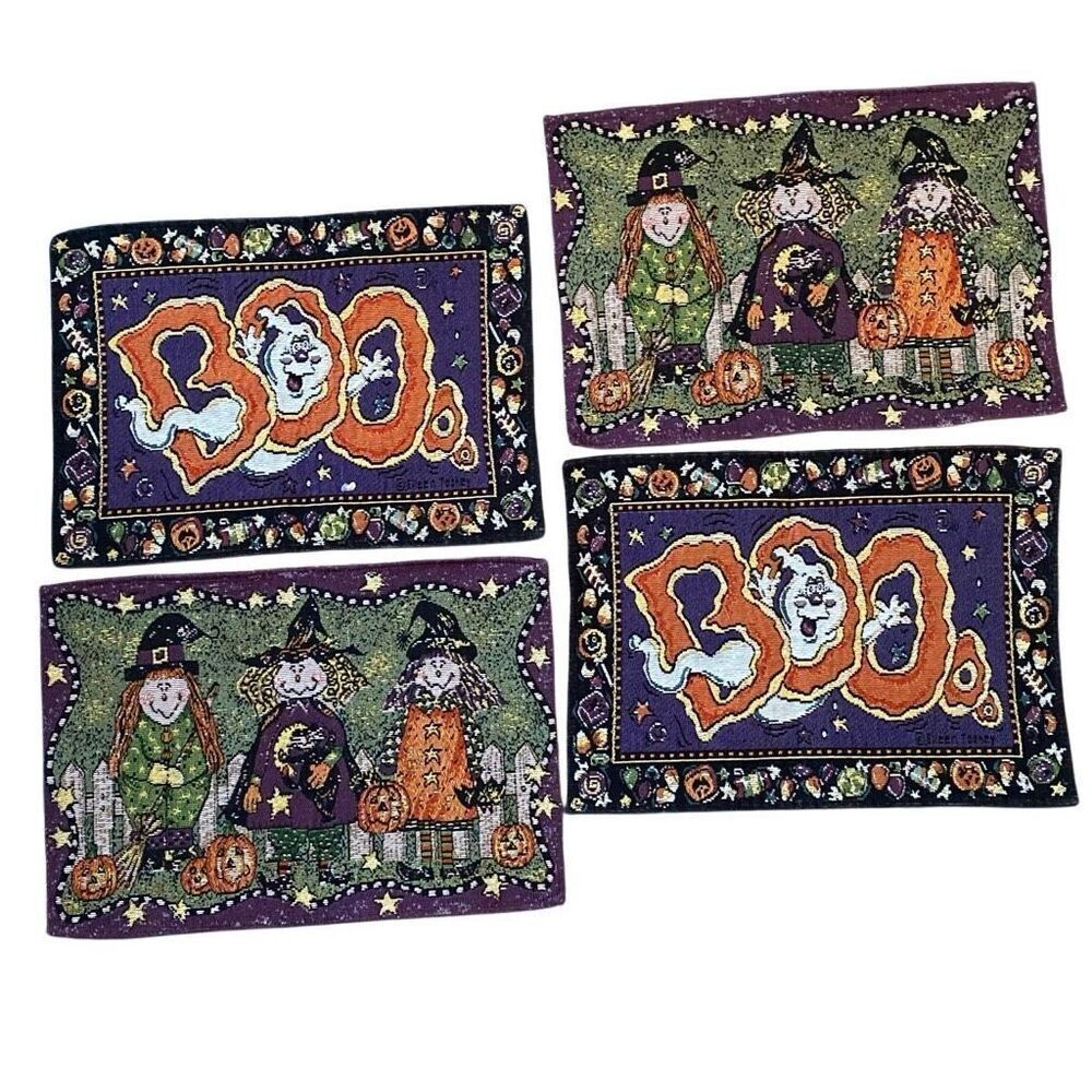 Vintage Halloween Woven Placemats Tapestry Set Pumpkins Witches 90s Cottagecore